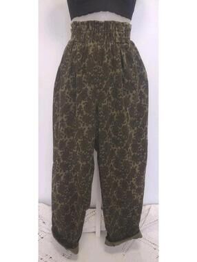 Vintage 90s Venezia Paisley Corduroy Paperbag Pants Balloon Leg Tapered Green